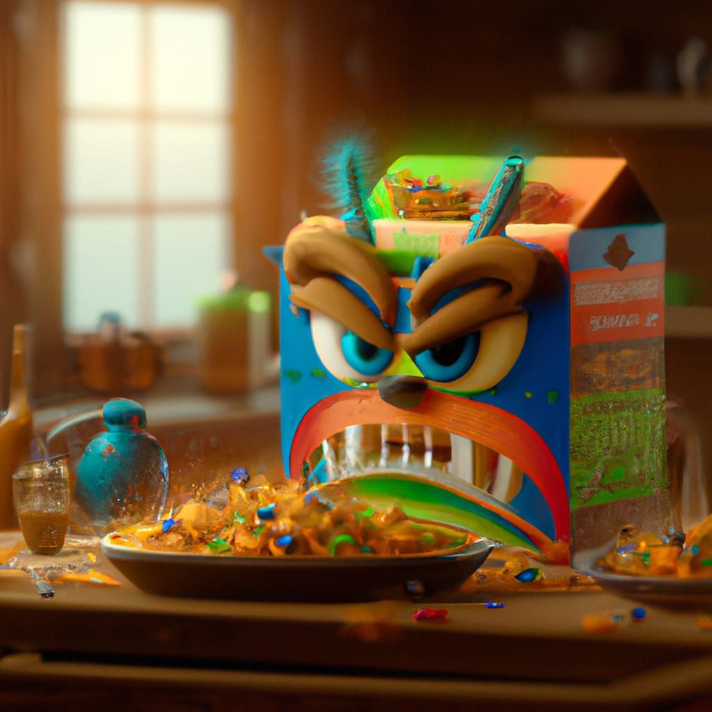 Evil Cereal Box in 3D Digital Art Style