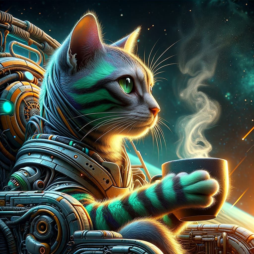 Futuristic Cat Sips Coffee in Cosmic Space