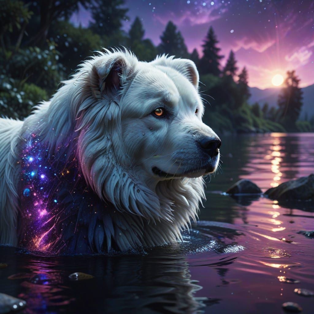 Hyperrealistic Tibetan Mastiff in Starry Night Scene