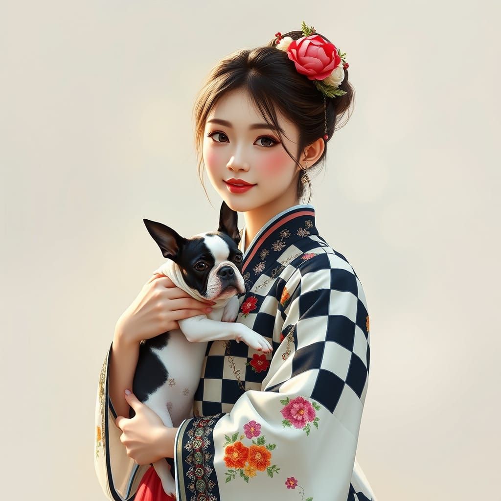 Korean Woman in Hanbok with Boston Terrier