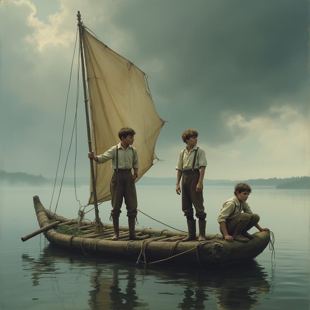 Young Boys Adrift on a Wooden Raft in a Misty Lake