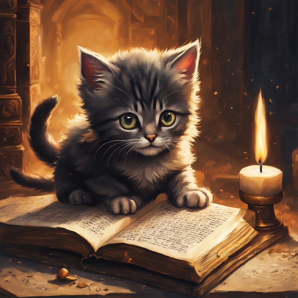 Whimsical Kitten Contemplating Ancient Tomes