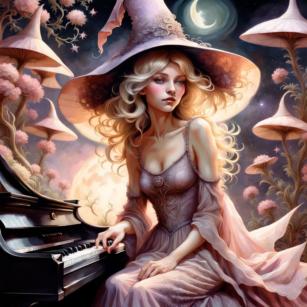 Spectral Witch-Pixie at Piano in Gritty Fantasy Style