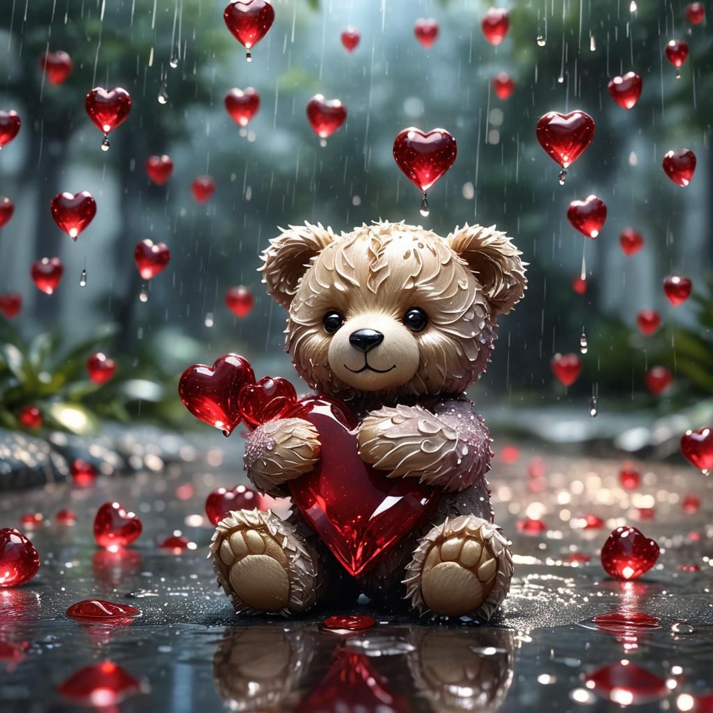 Ruby Teddy Bear Holding Ruby Heart in Rain