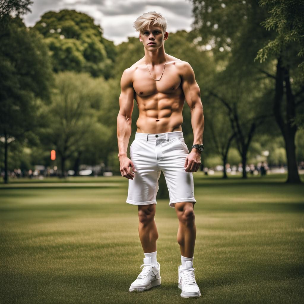 Shirtless Man in City Park with Nike Sneakers