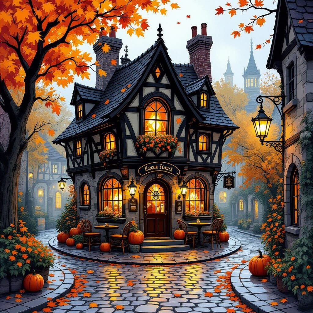 Magical Autumn Villain Cafe on Cobblestone Street