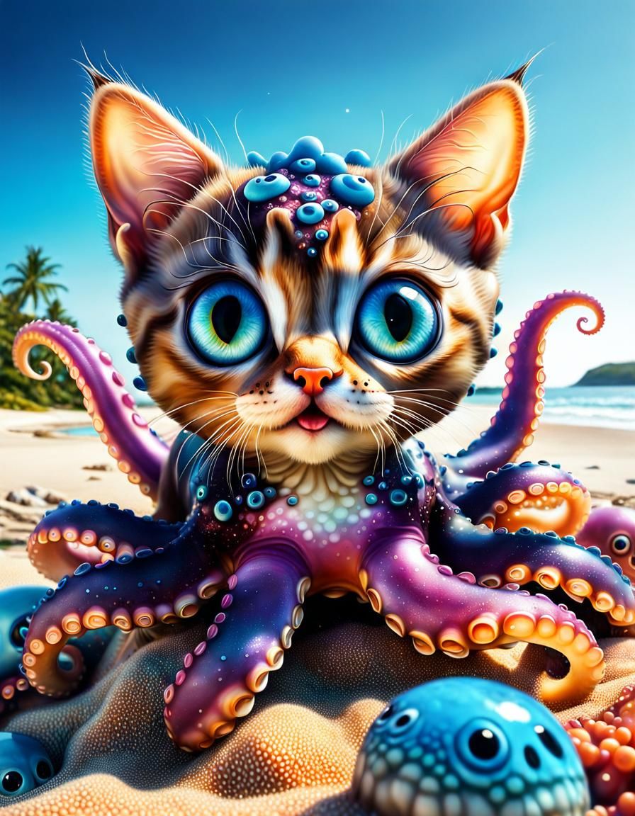 Surreal Kitten-Octopus Hybrid on Beach in Graffiti Art