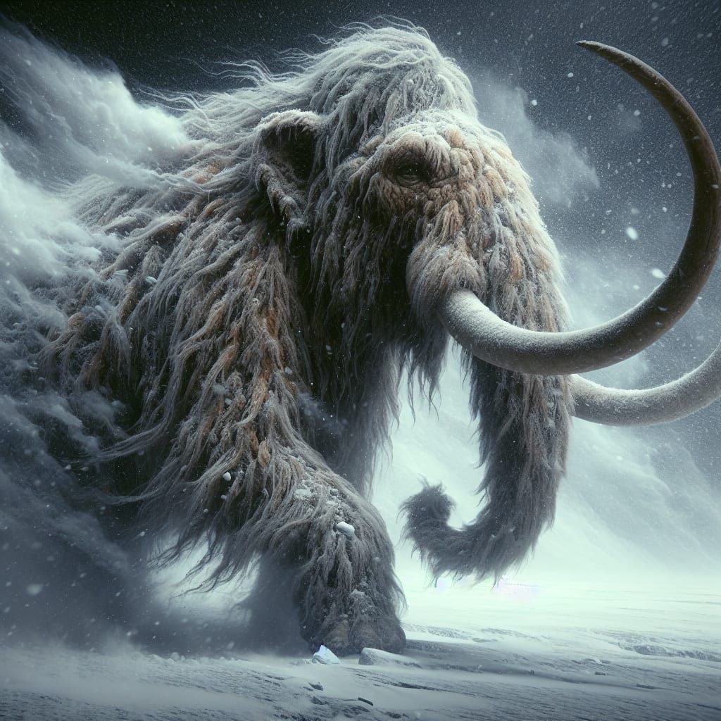 Magical Woolly Mammoth in a Snowy Stormy Landscape