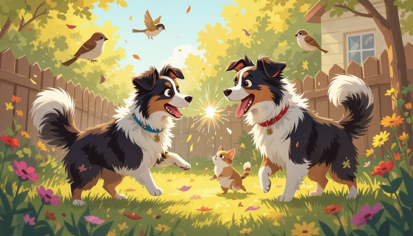 Whimsical Backyard Battle: Border Collies, Cats, and Sparrow...