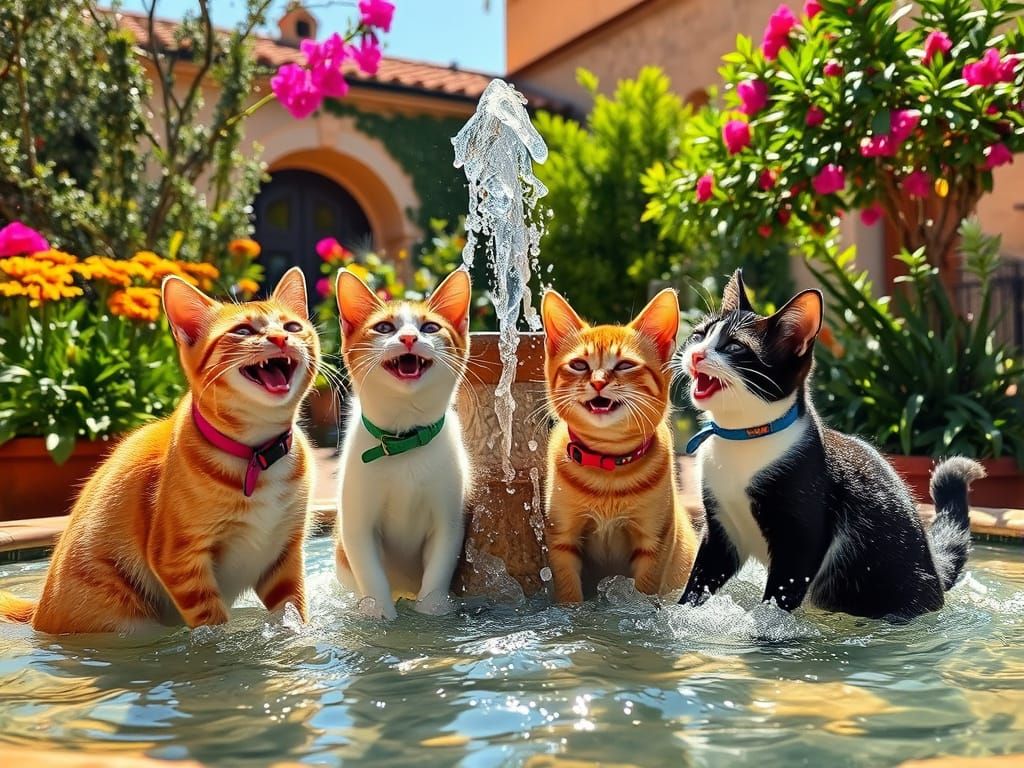 Cats Frolic in Andalusian Garden Fountain