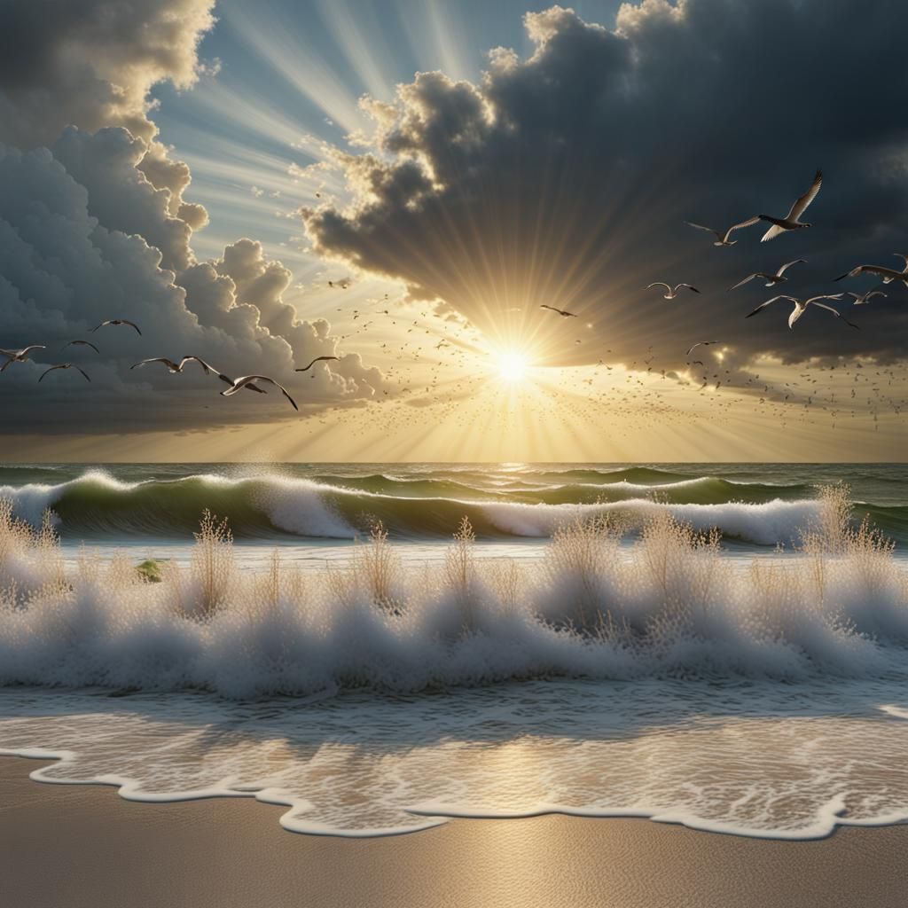 Sunburst Over Ocean Waves in Photorealistic Style