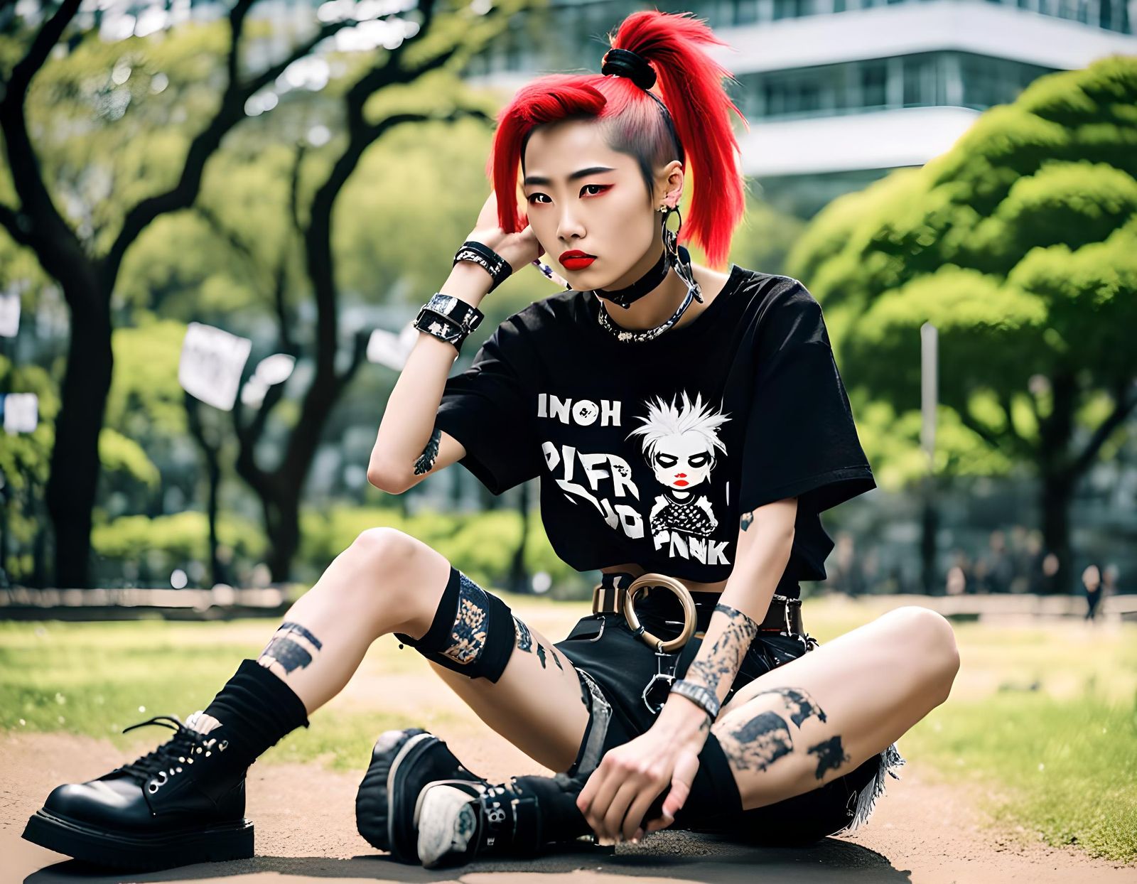 Punk Woman with Red Lipstick in Park