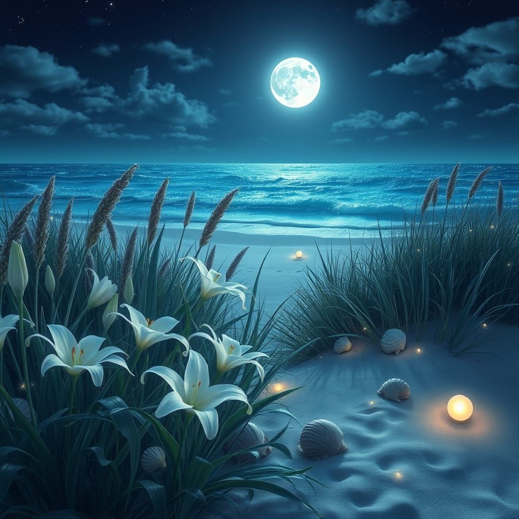 Magical Moonlit Beach Garden with Bioluminescent Waves