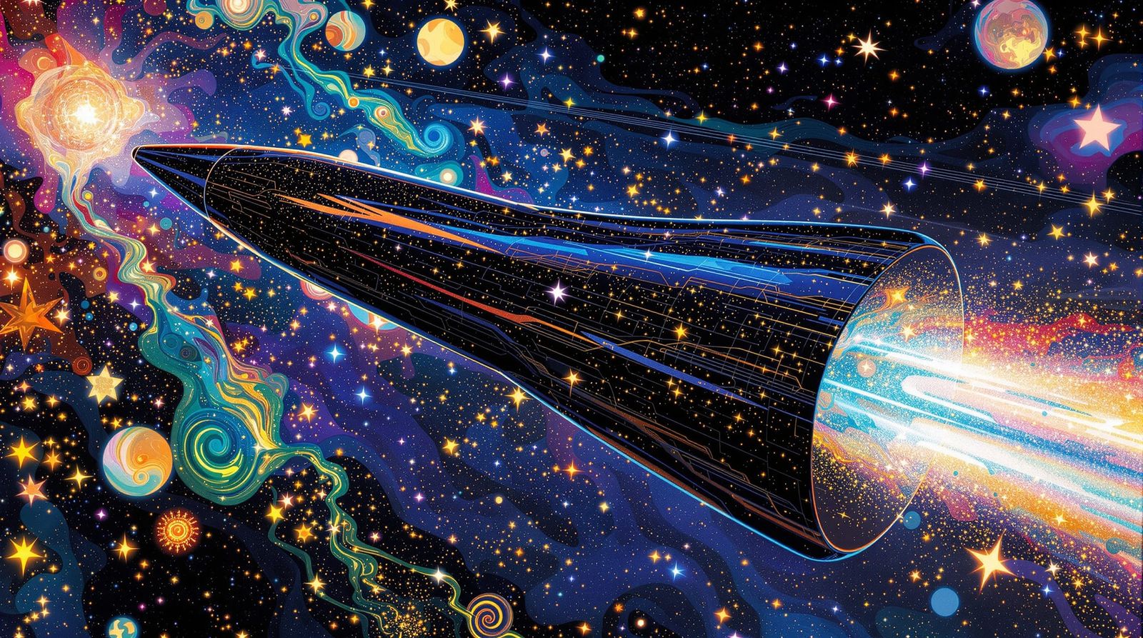 Sleek Obsidian Starship in Psychedelic Nebula