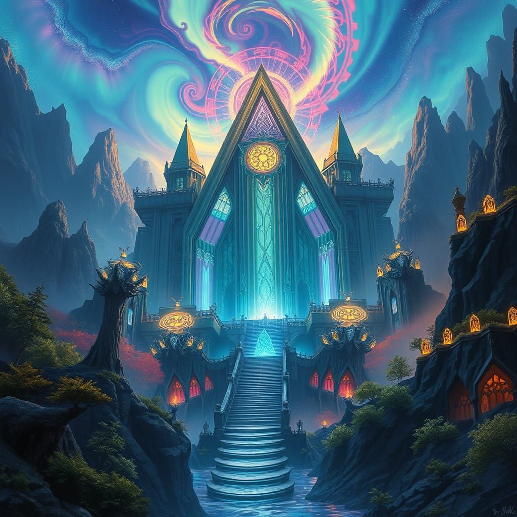 Ethereal Fantasy Cityscape in Iridescent Hues