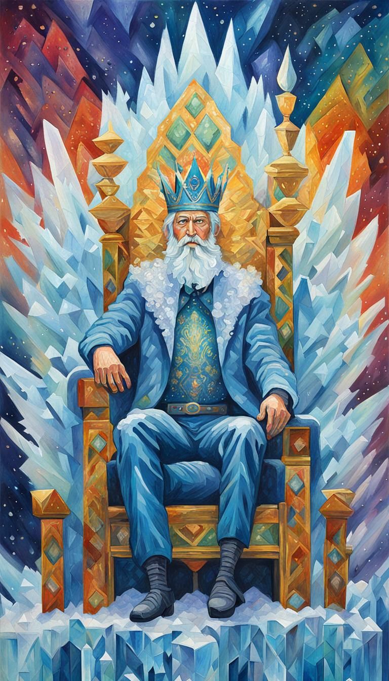 Ice King on Crystal Throne, Impressionist Gouache Painting