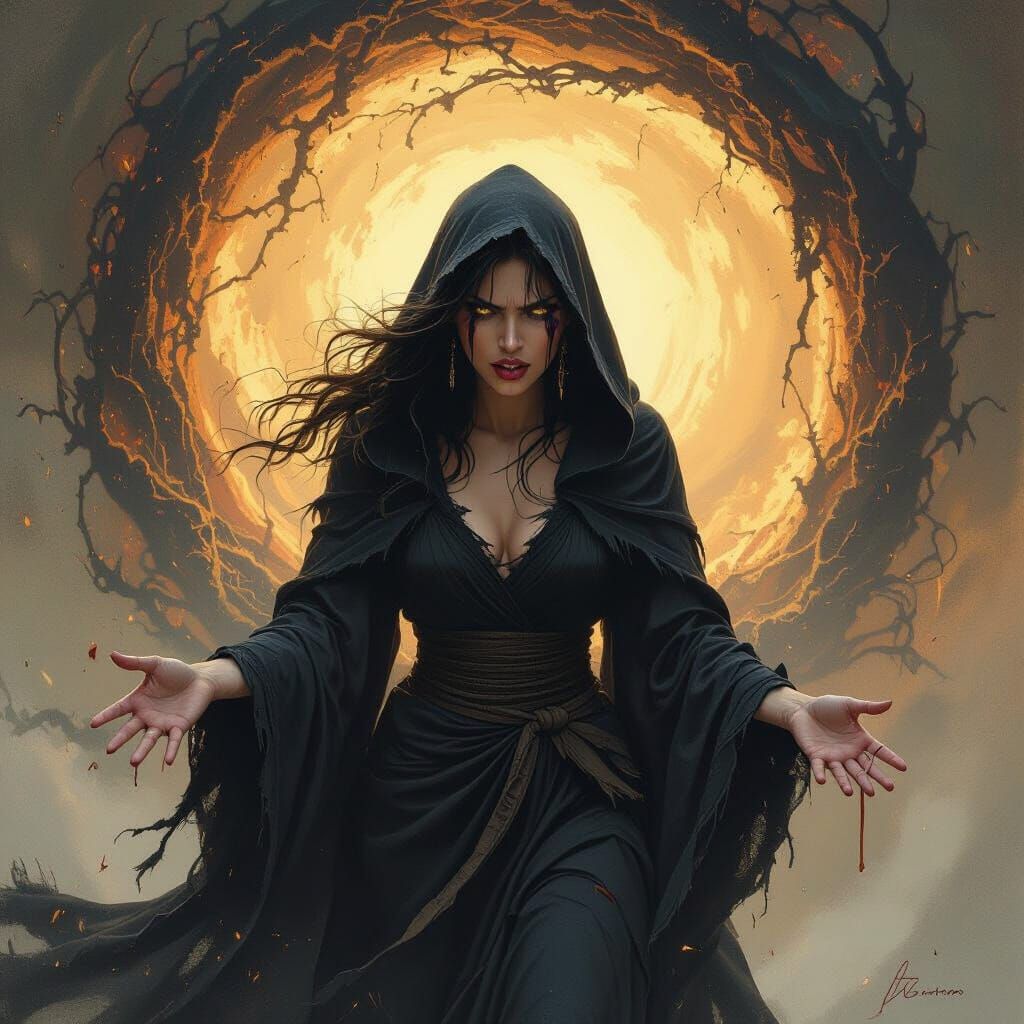 Furious Witch Surrounded by Dark Magic