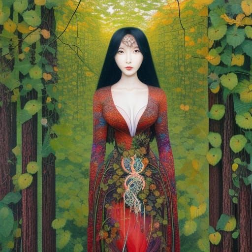 Sunset Human-Vine Hybrid in Warped Forest Perspective