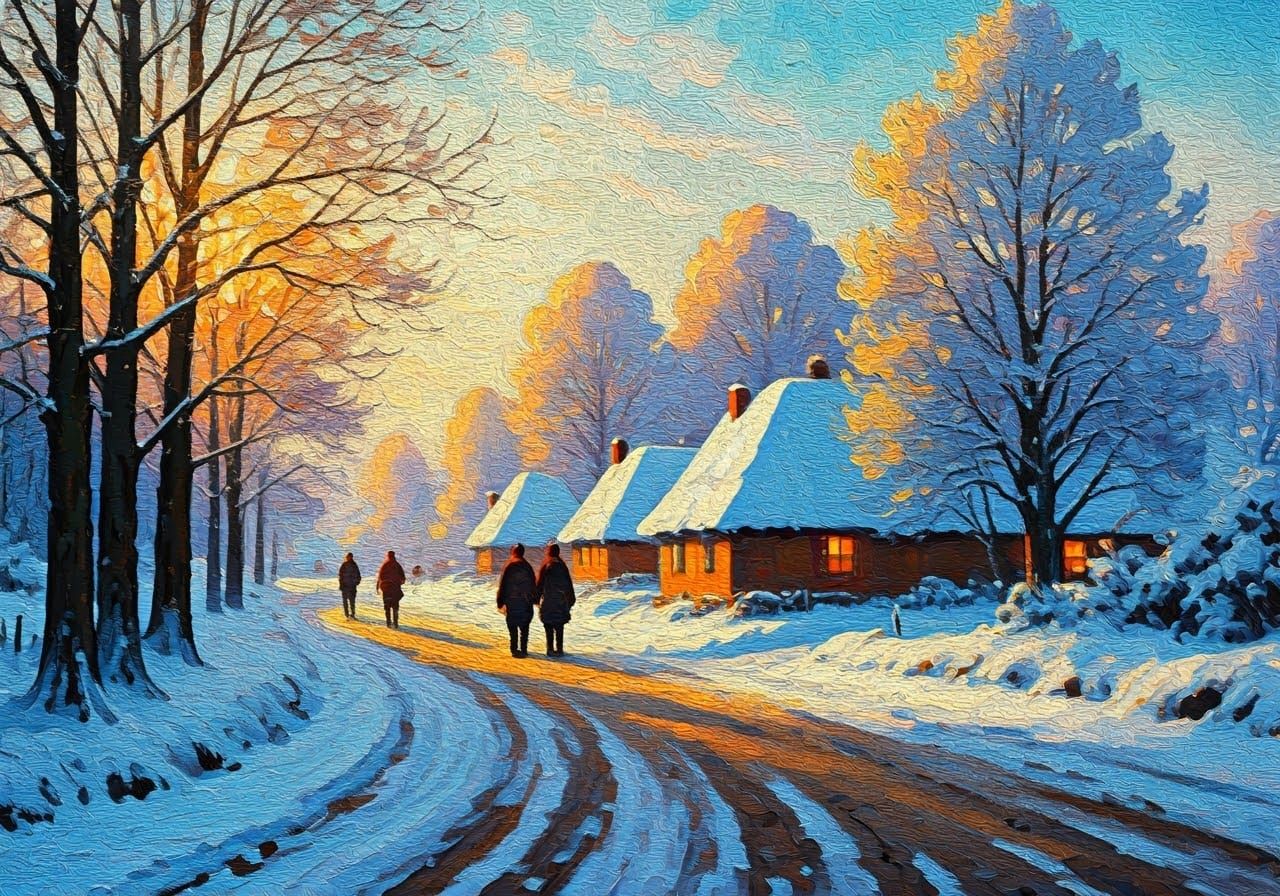 Impressionist style winter landscape with figures