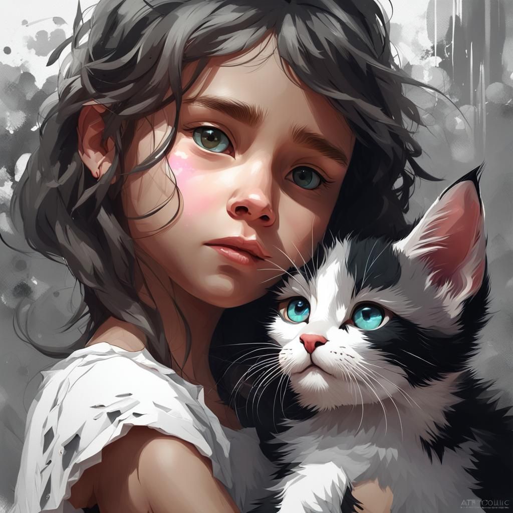 Girl and Kitten Cuddle: Hyperdetailed Portrait