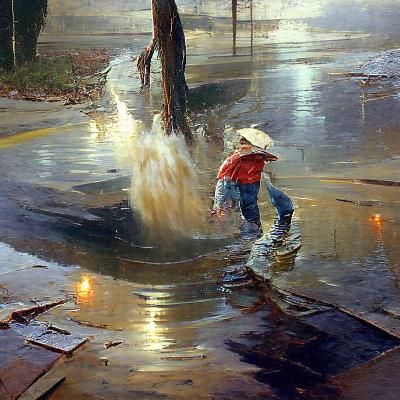 Child Splashing in Puddles: An Oil Painting
