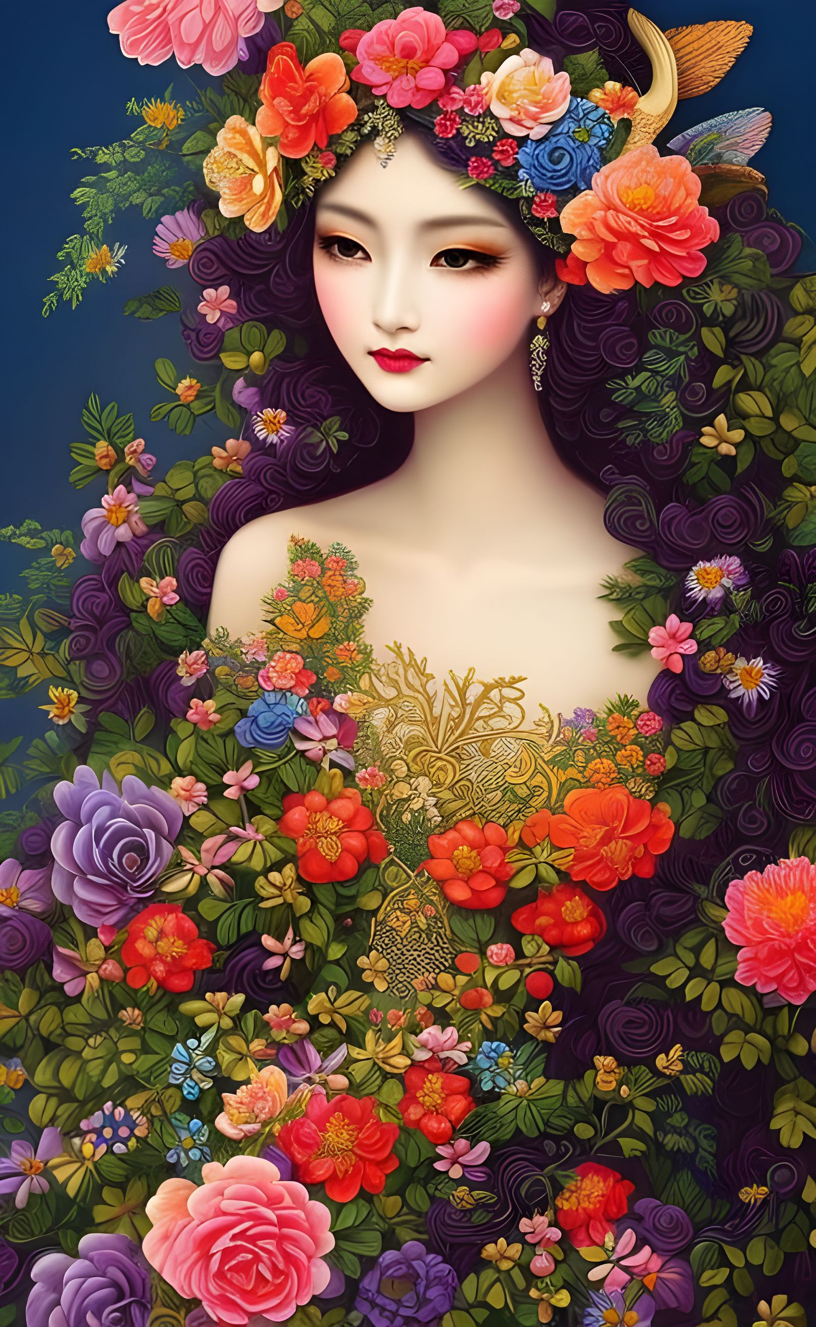 Beautiful Woman in Flowers: Mythical Illustration