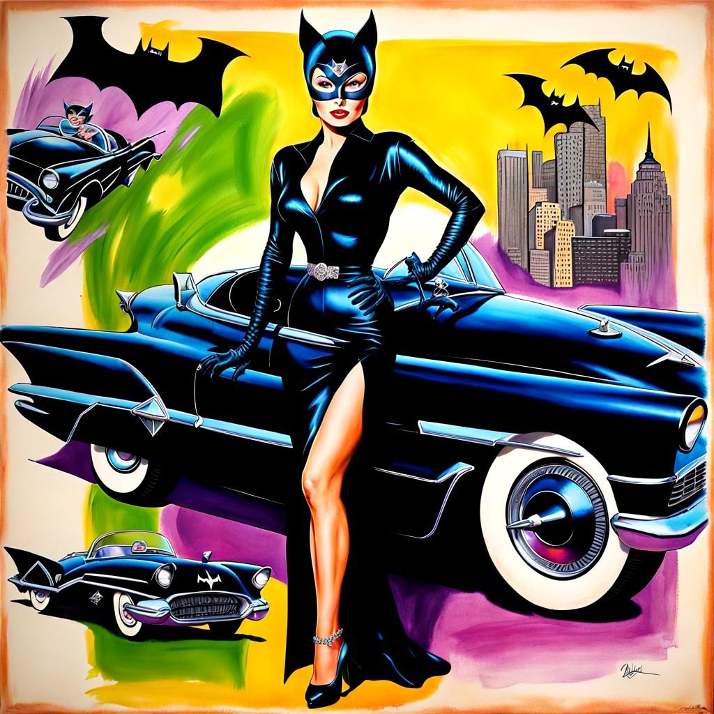 1950s Pin-Up with Batmobile in Fantasy Style