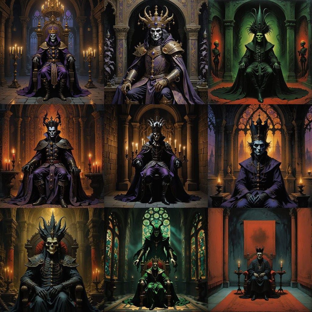 A dark jester performing for a King and Queen