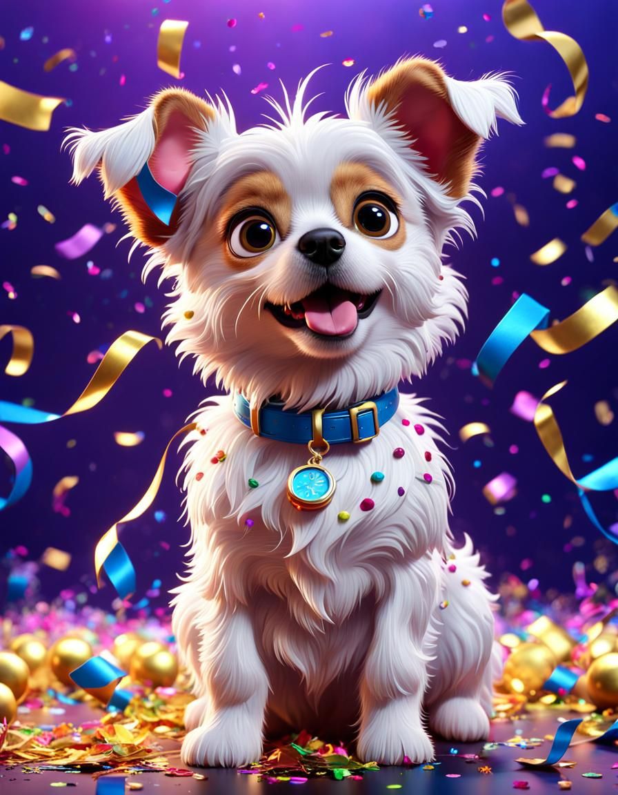 Confetti Dog on New Year's Eve, 3D Digital Art