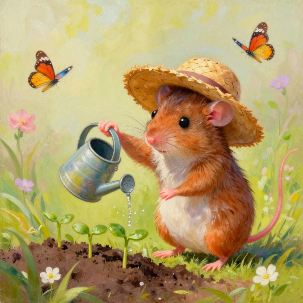 Sweet Mouse Tends Seedlings in Pastel Spring Garden Oil Pain...