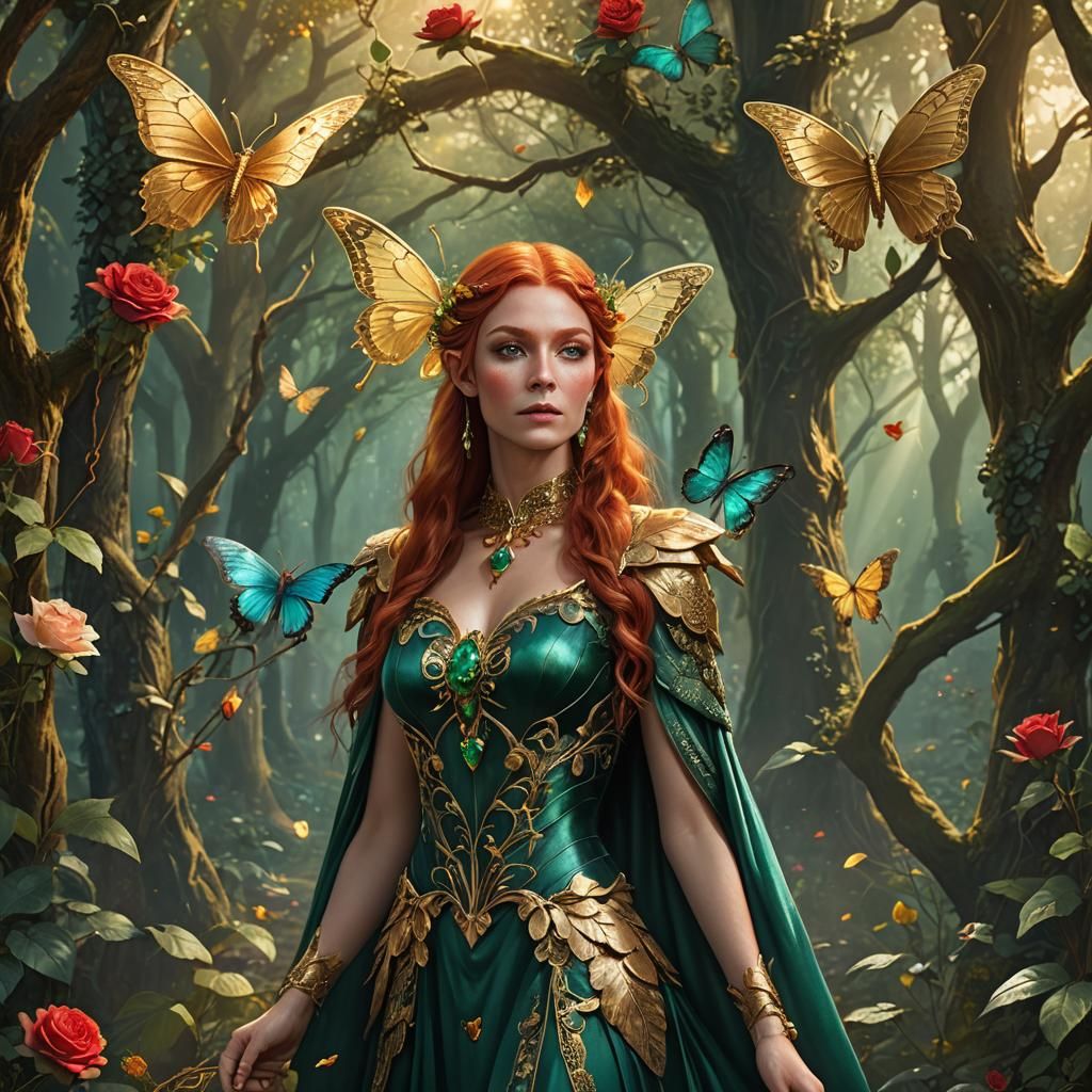 Elven Woman with Butterfly Wings in Mystical Forest