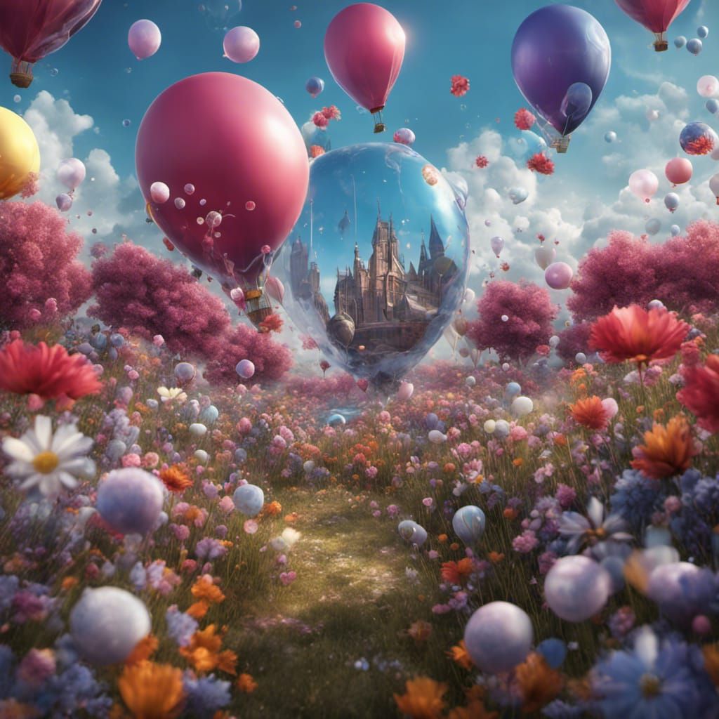 Fantastical Flower Field with Bubbles and Balloons