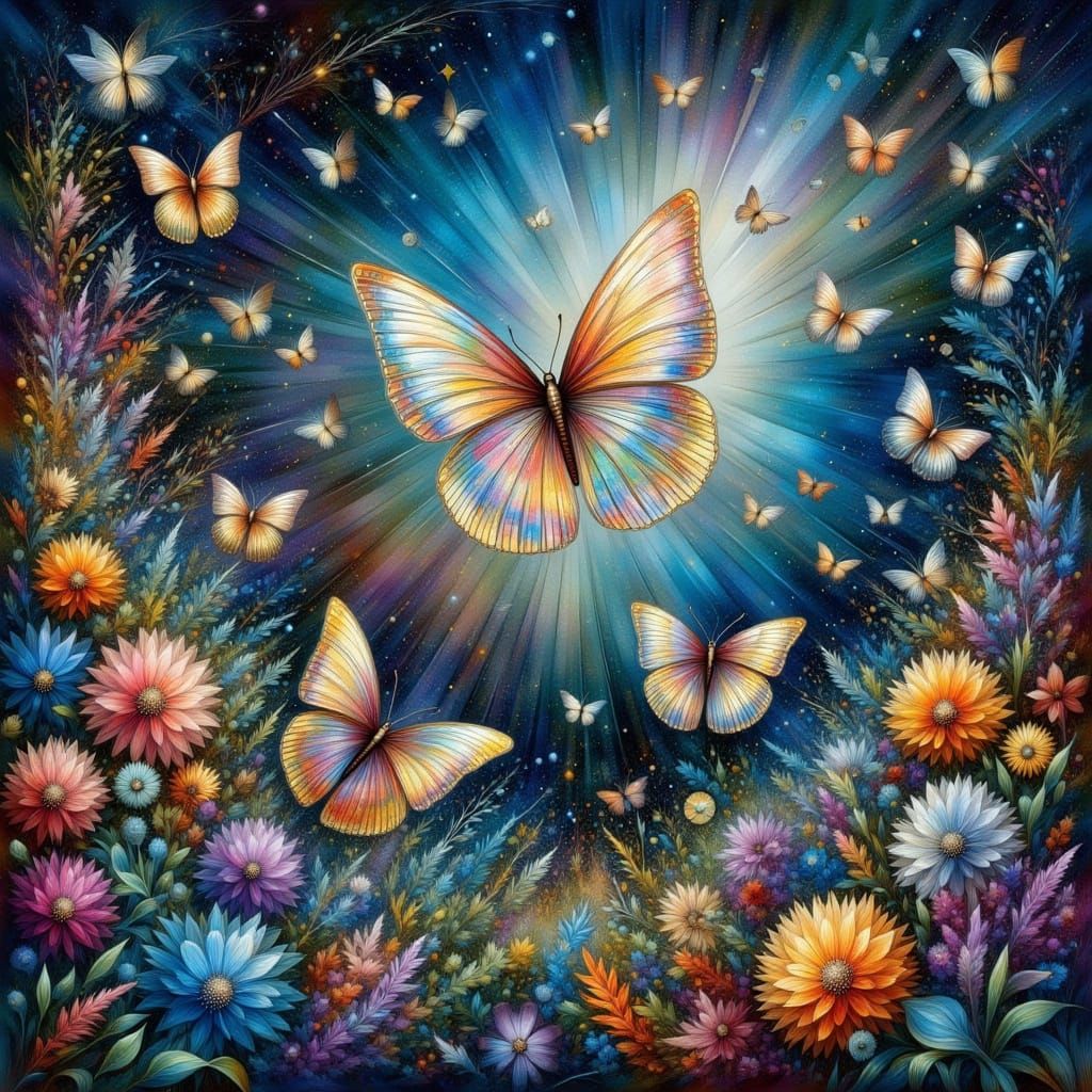 Moonlit Garden with Iridescent Butterflies, Dreamy Art
