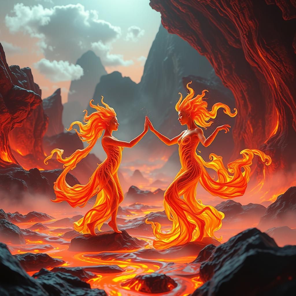 Fire Elementals Waltz in a Volcanic Landscape