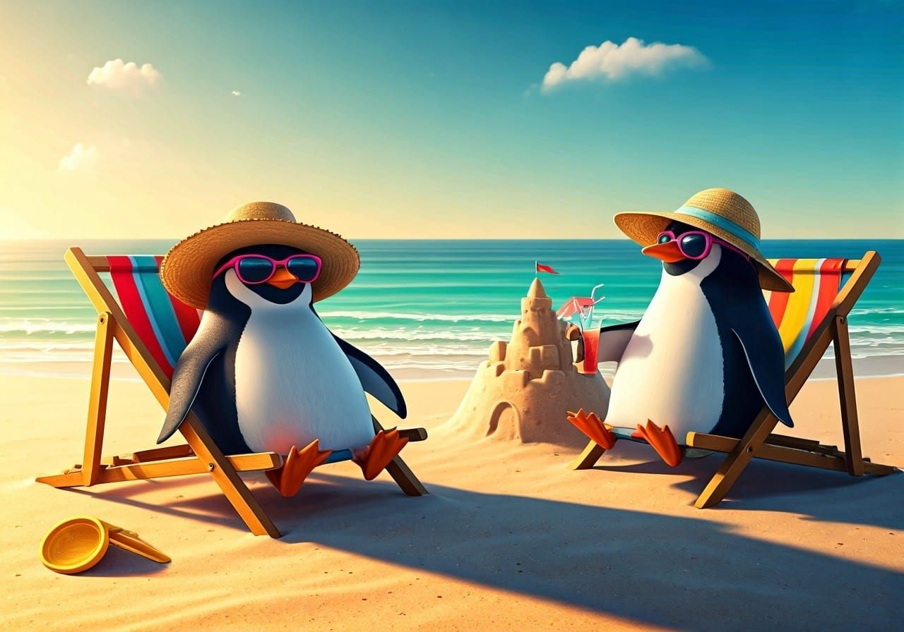 Vibrant Cartoon Penguins in Tropical Paradise