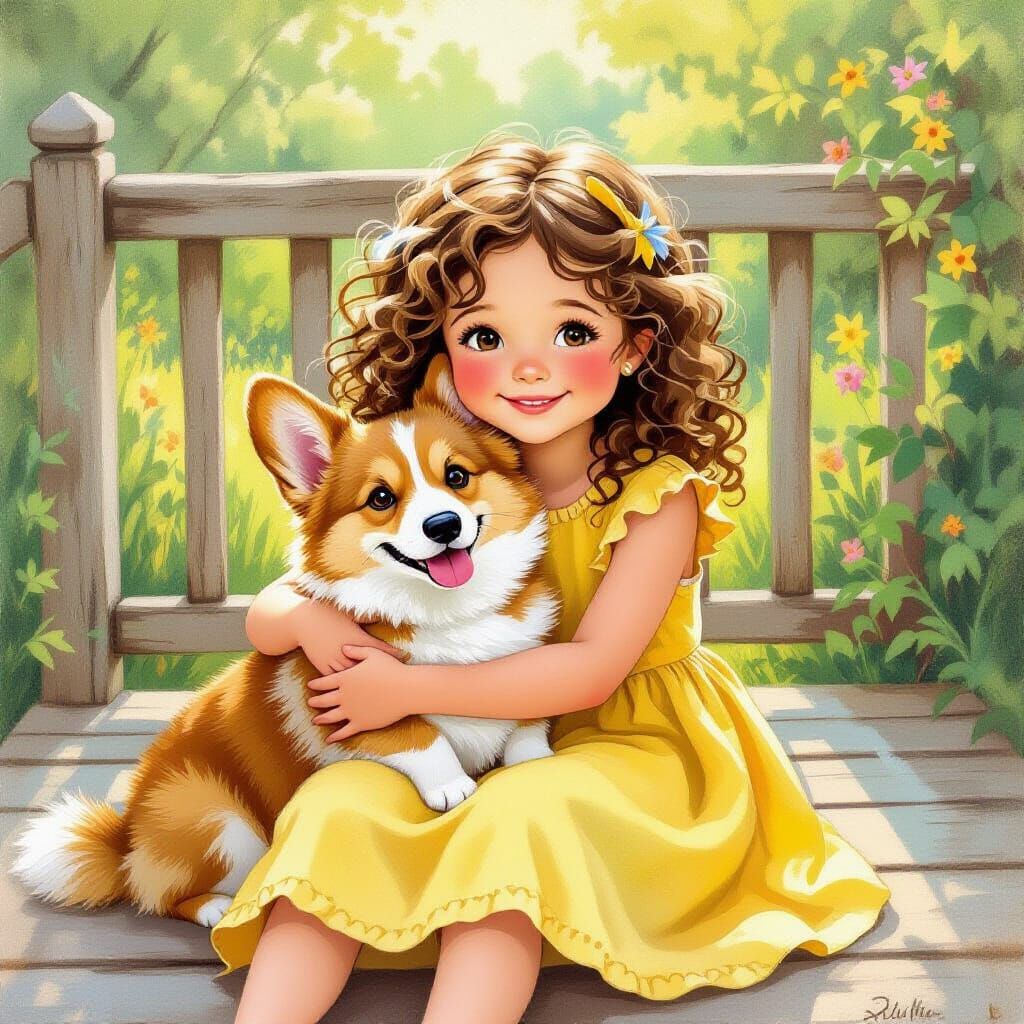 Girl Hugs Corgi on Deck in Whimsical Storybook Style