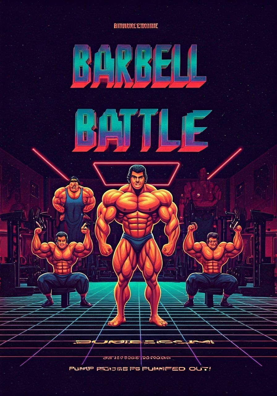 Retro Atari Game Cover: Barbell Battle in Neon Style