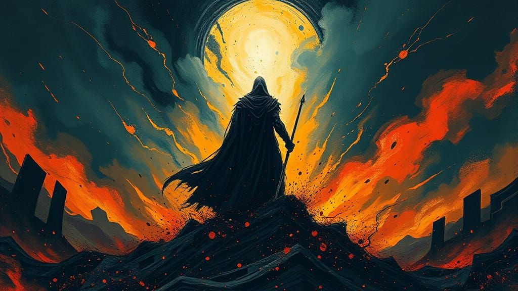 Dark Warrior Emerges from Apocalyptic Vortex in Fiery, Mythi...