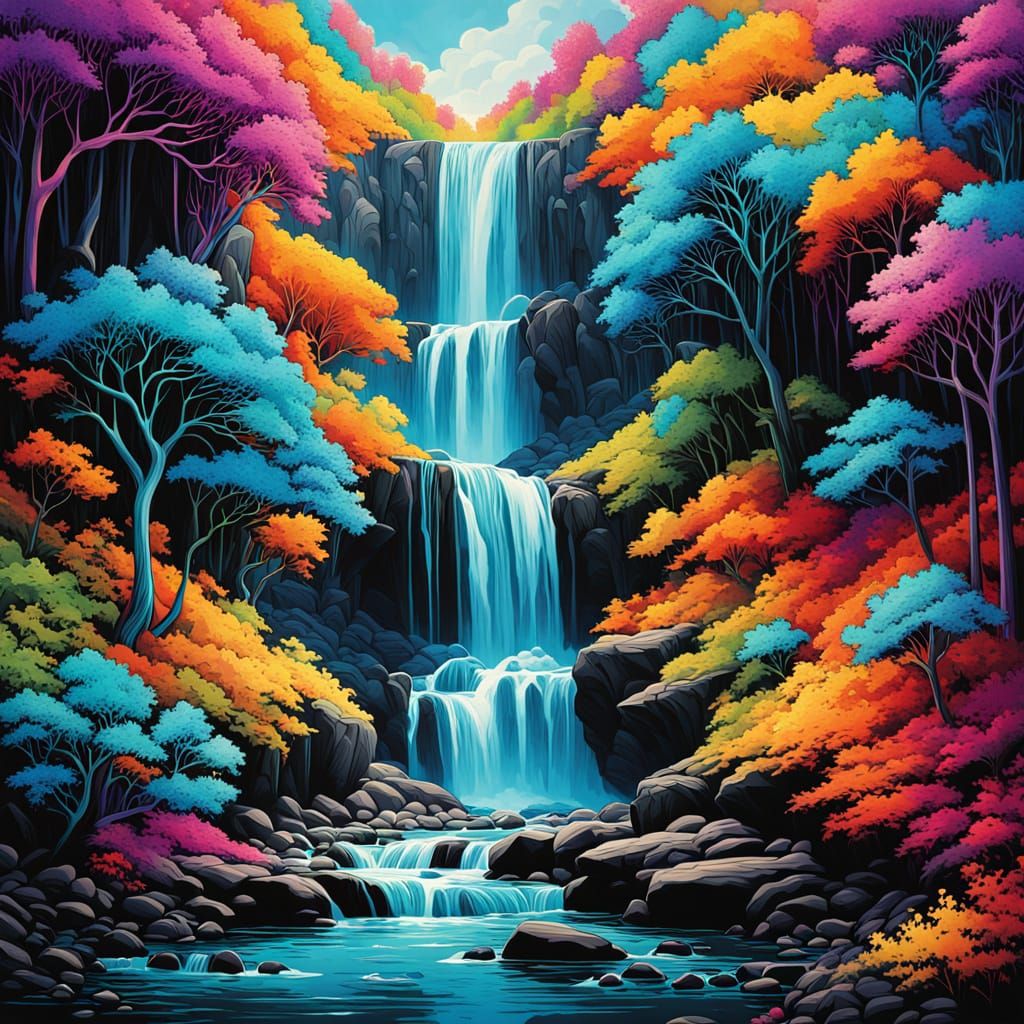 Vibrant Rainbow Waterfall Cascades into a Kaleidoscopic Land...