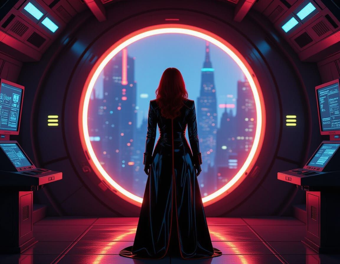 Woman Before Portal in Futuristic Hangar