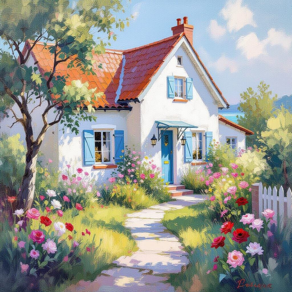 Coastal Cottage in Impressionistic Style with Luminous Color...