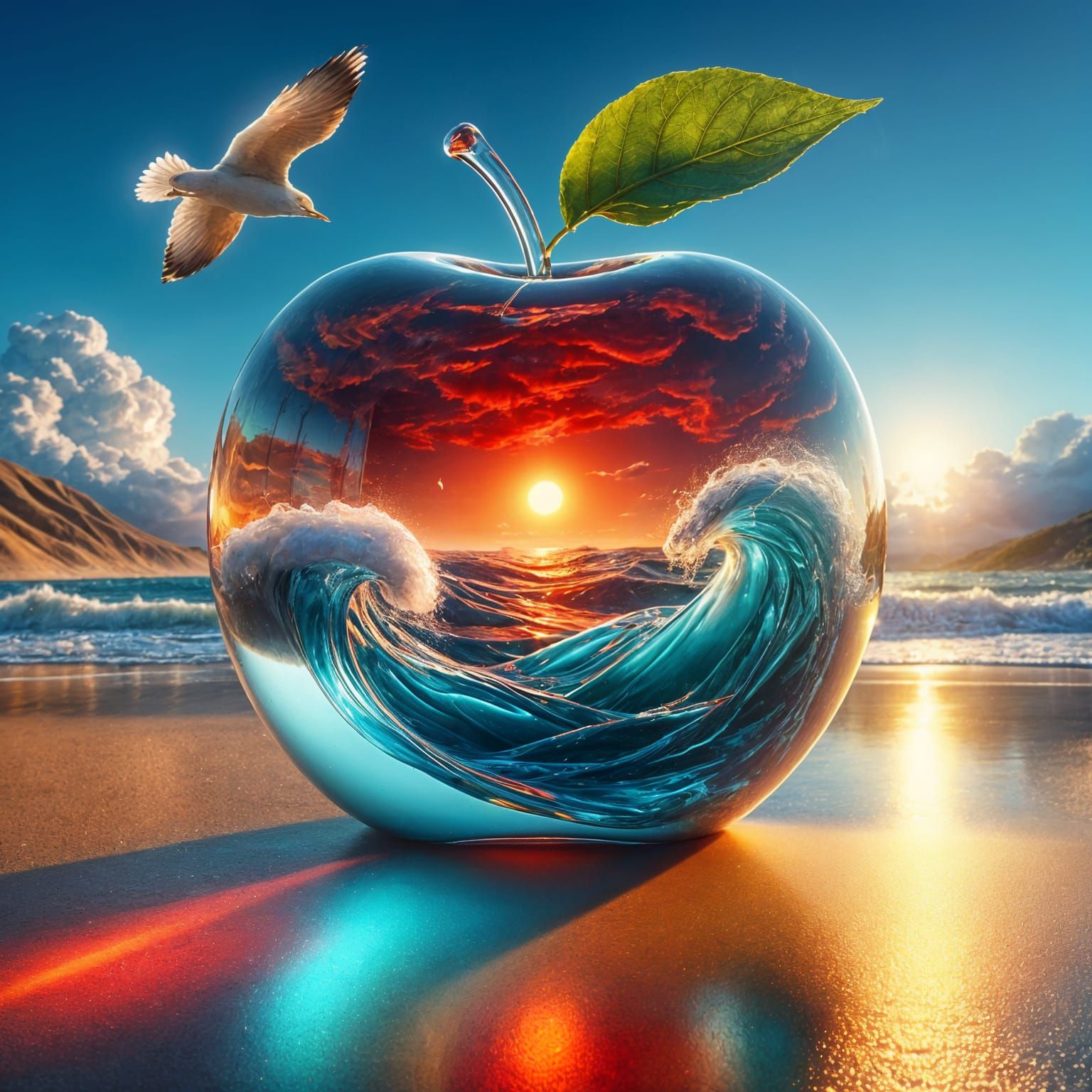 Glass Apple on Beach Reflects Fiery Sunrise