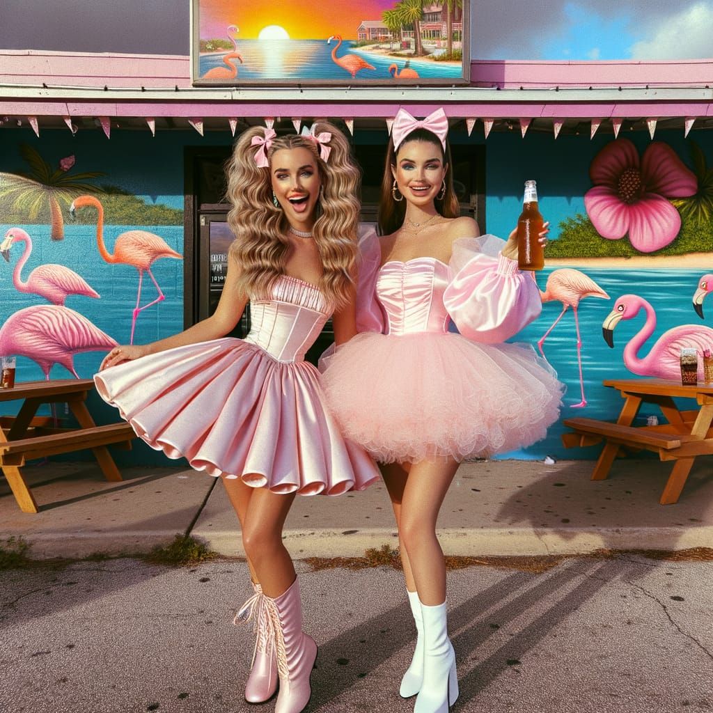 Two Women in Pink Dresses at Flamingo Plaza