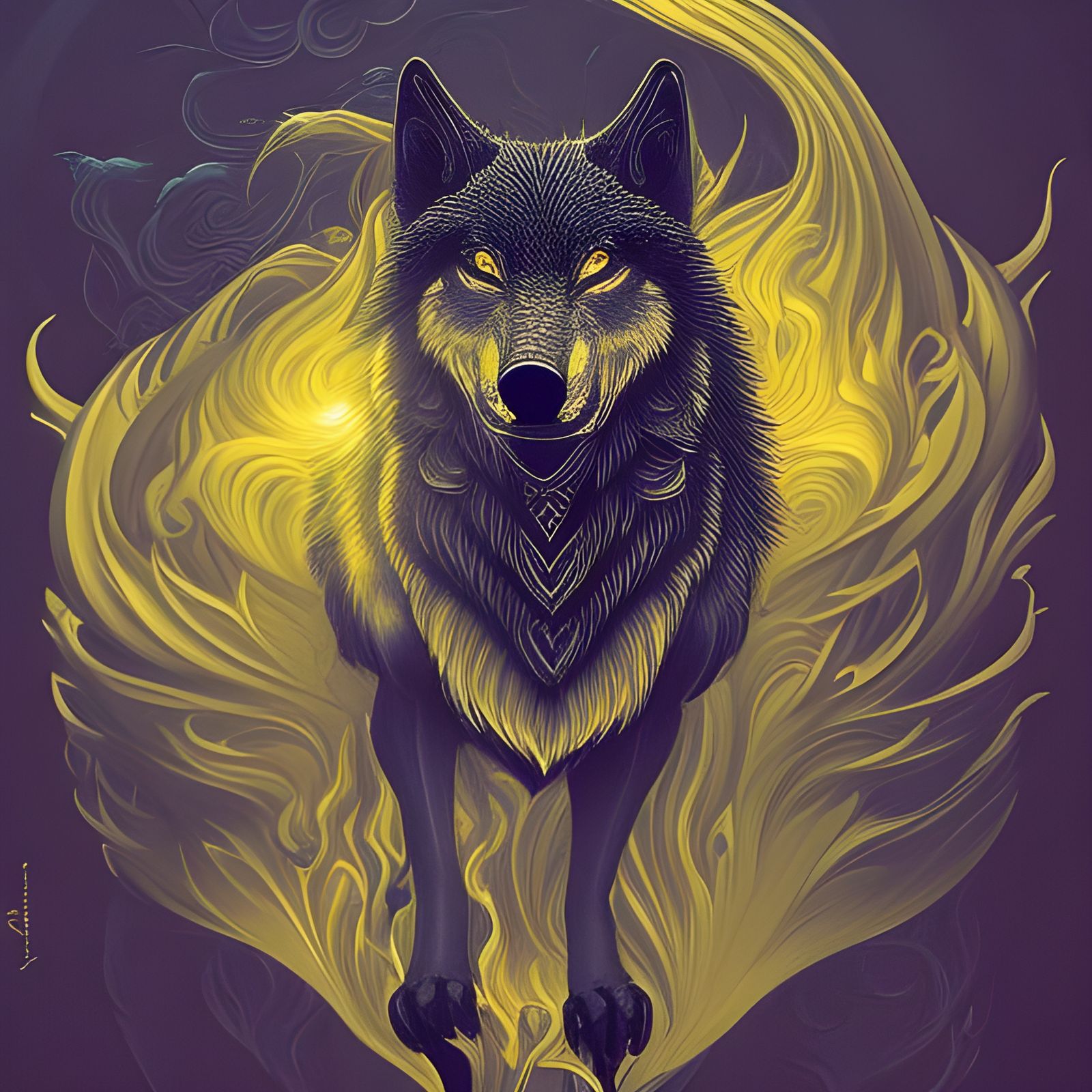 Fearsome Wolf with Liquid Gold Fur Illustration