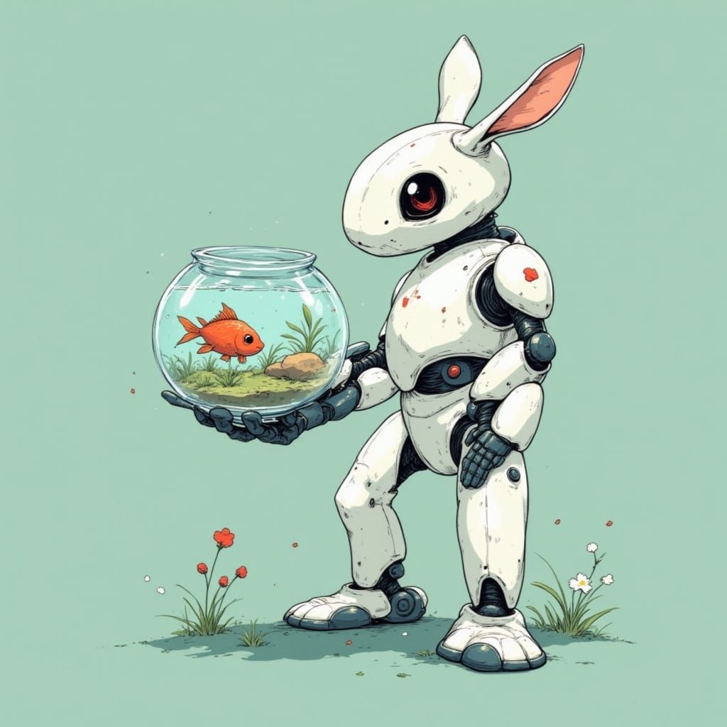Cute Robot Holding a Fishbowl