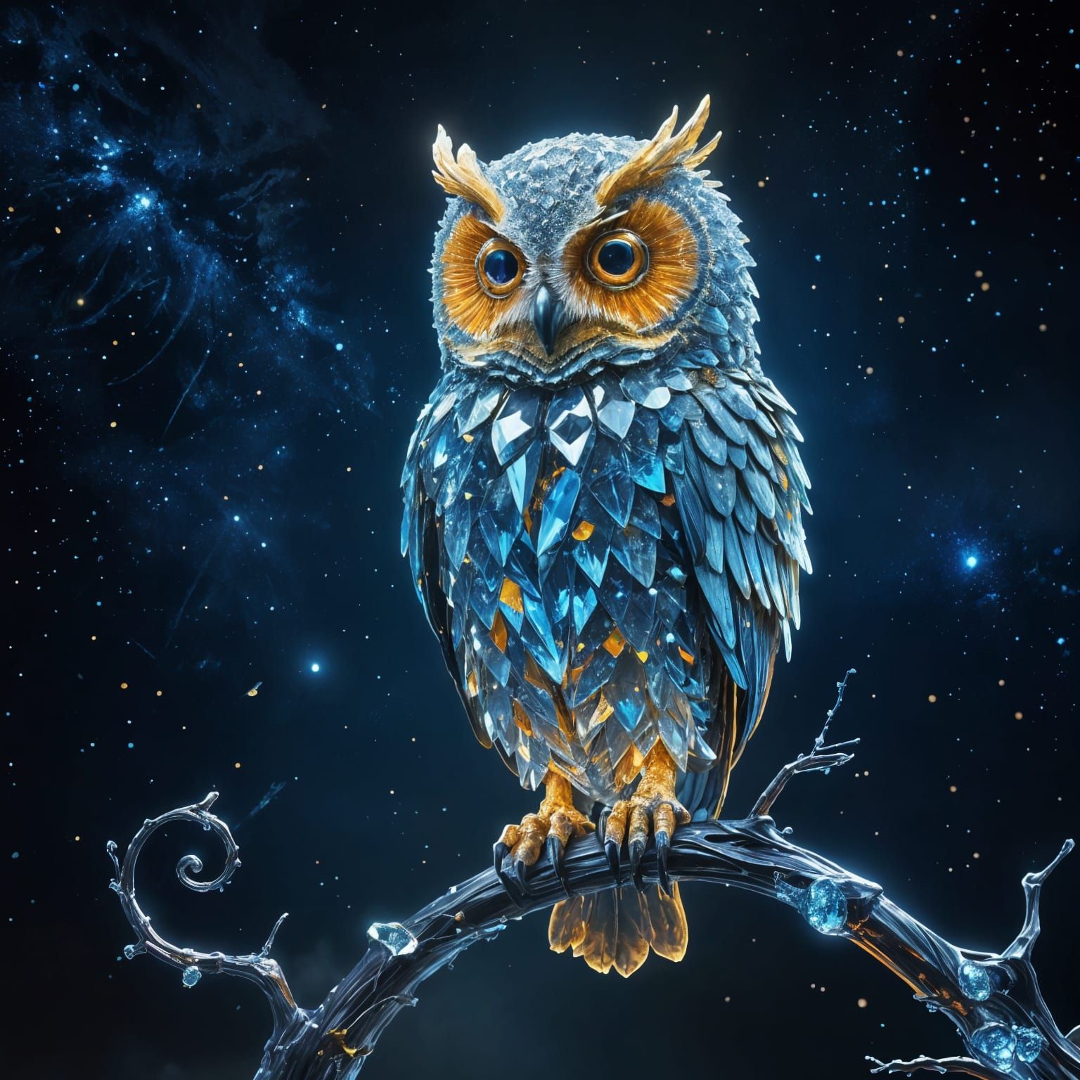 Ethereal Crystal Owl in Majestic Starry Night Sky