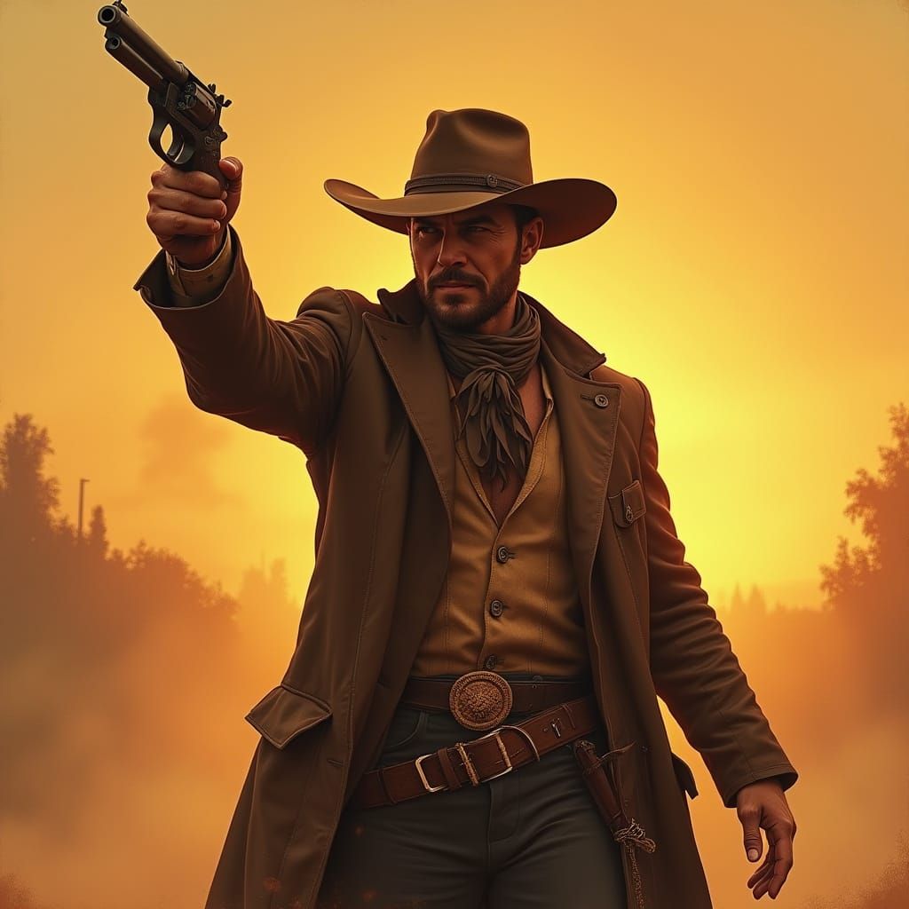 Cowboy Pistols at Sunset in Cinematic Style
