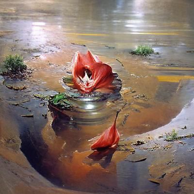 Flower Reflected in Puddle, Oil Painting