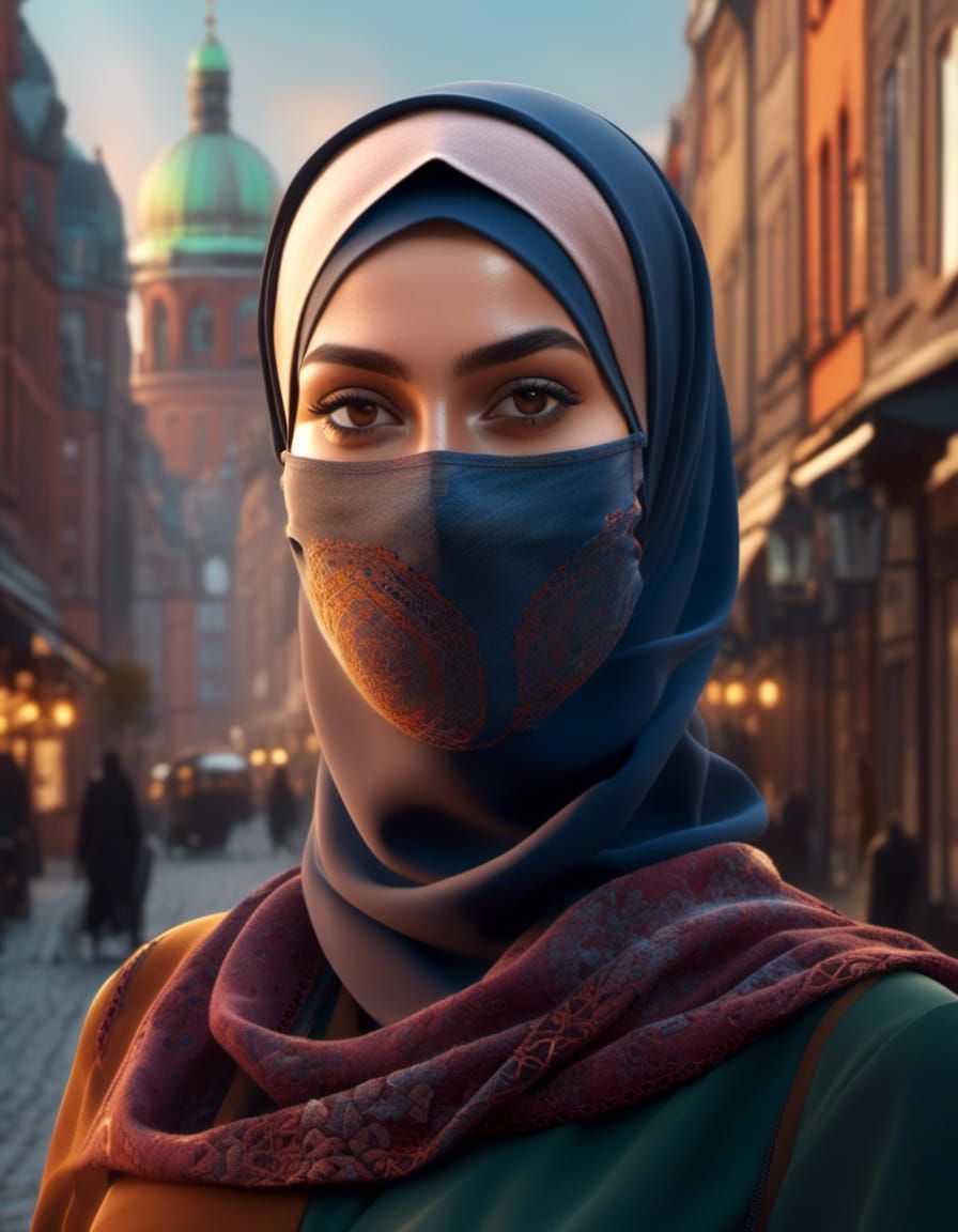 European Woman in Hijab and Mask, Art Nouveau Style