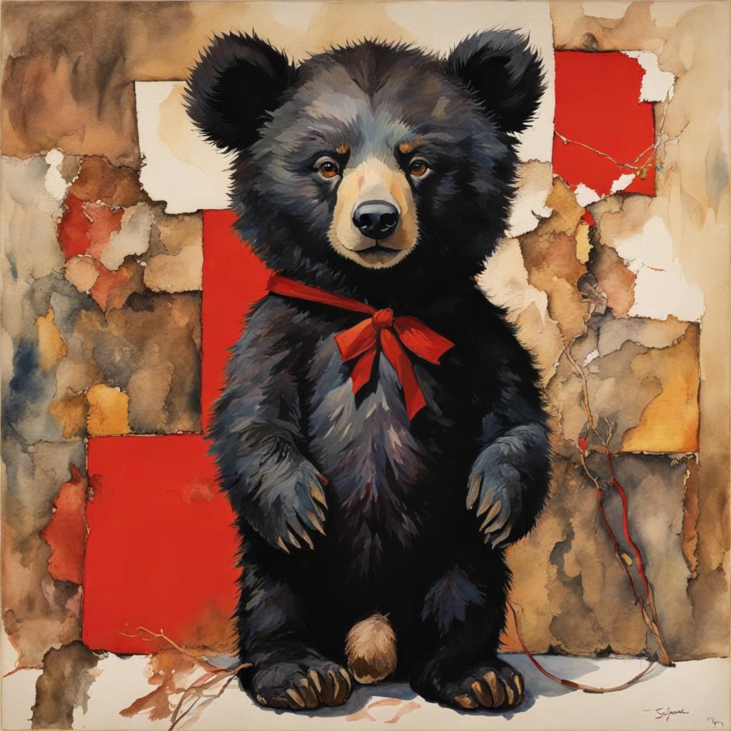 Worn Teddy Bear Portrait in Sketch and Watercolor Style